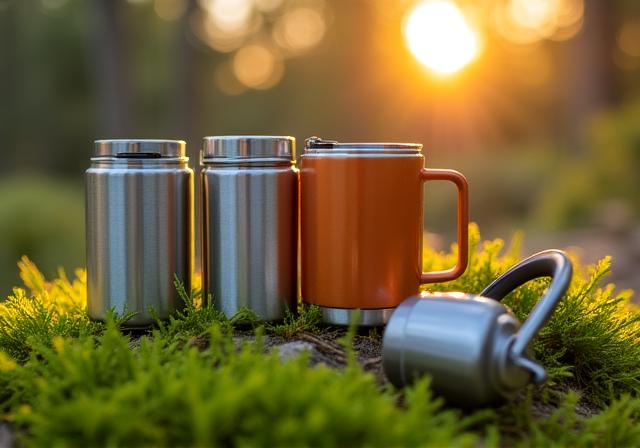 Attrezzatura da campeggio in metallo riciclato disposta su un prato