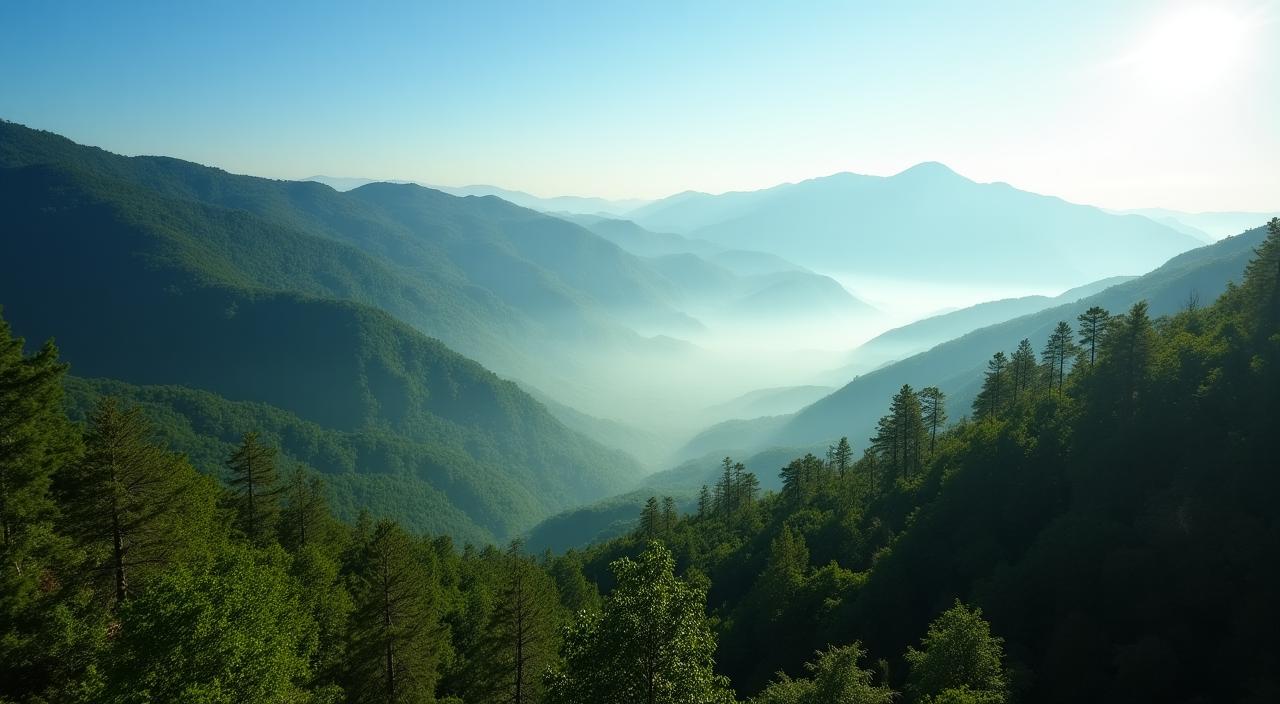 Paesaggio naturale incontaminato con foreste verdi e montagne