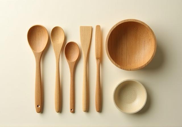 Set di utensili e contenitori da cucina in legno di bamboo naturale