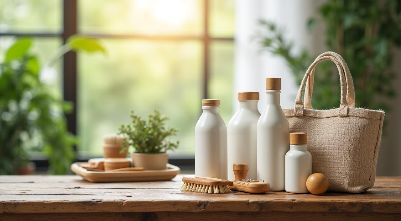 Collezione di prodotti ecosostenibili disposti su un tavolo di legno naturale